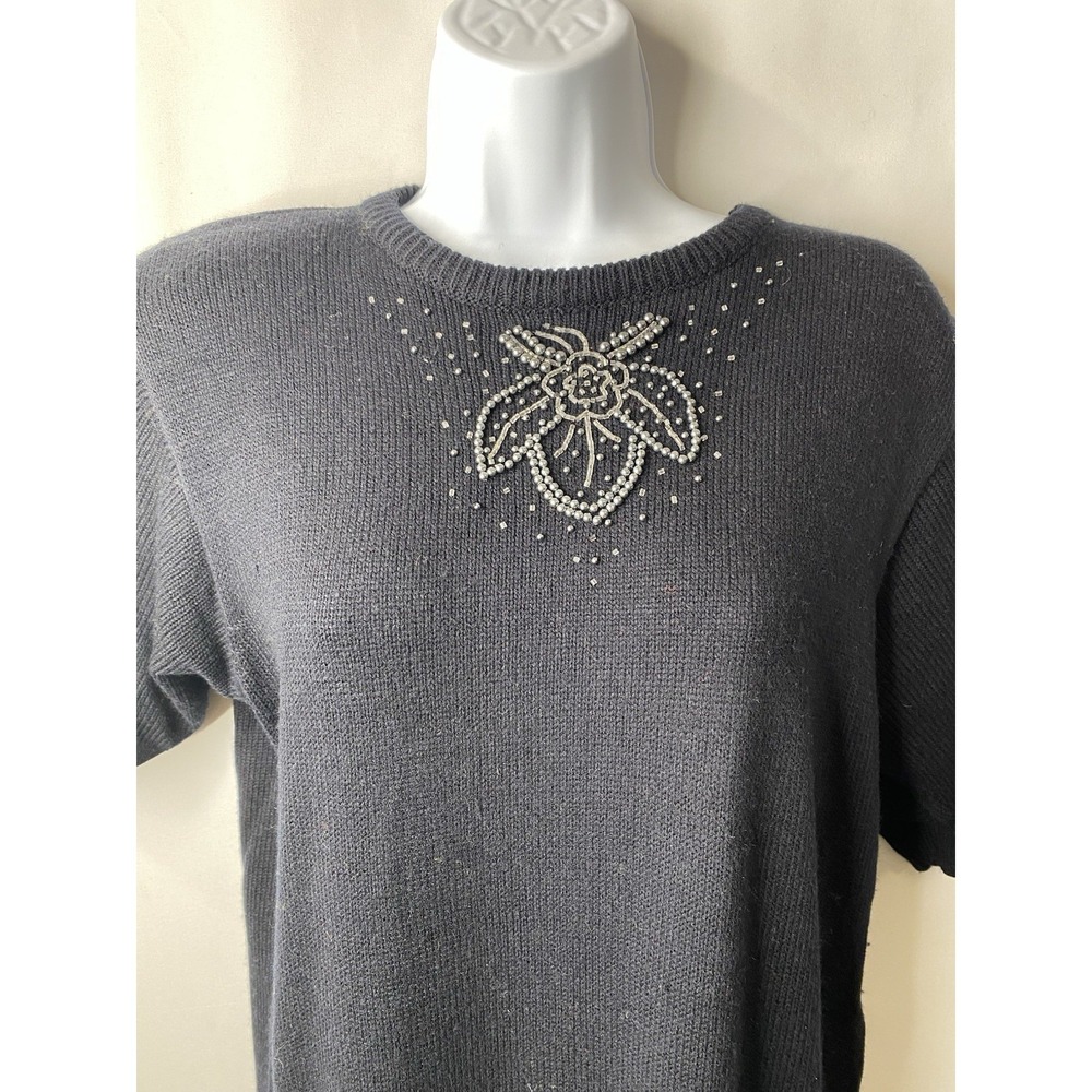 Vintage Darian Women's Sweater Dress Size Large Beaded Lotus Flower LBD 80's Fun